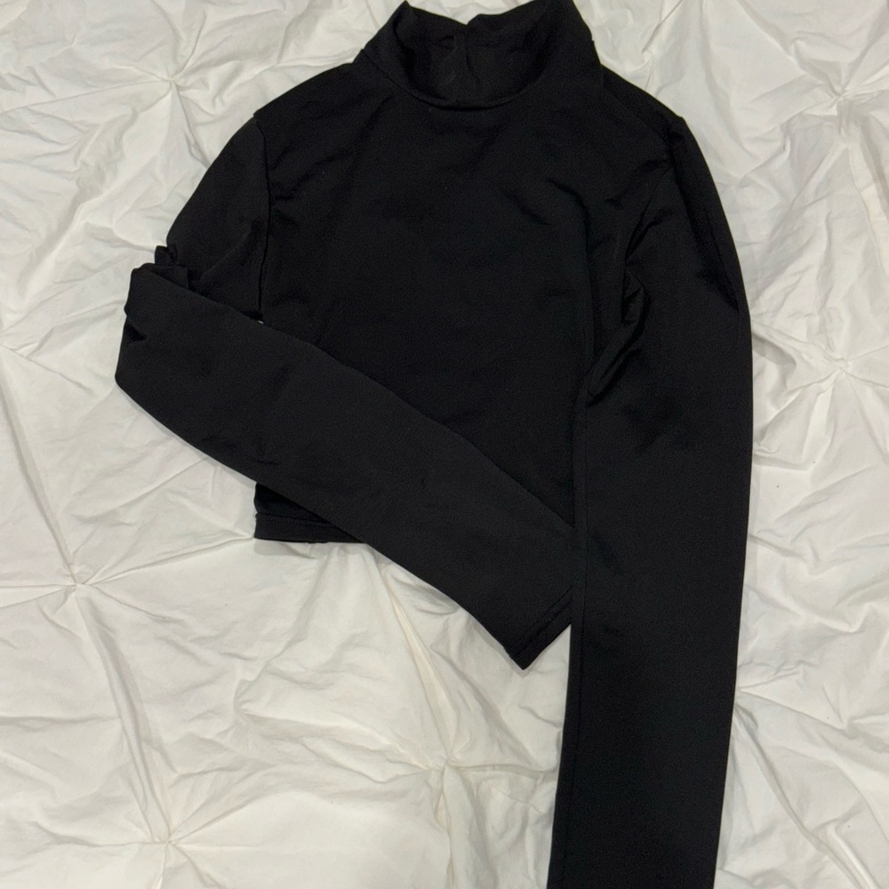 Black Crop Bodysuit with Long Sleeves and Mandarin Collar